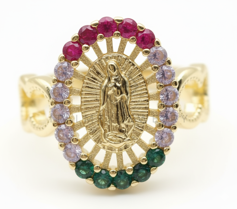 Anillo de Lujo - 106522 - Anillo Ajustable Virgen de Guadalupe CZ Colores - Oro Laminado 18K