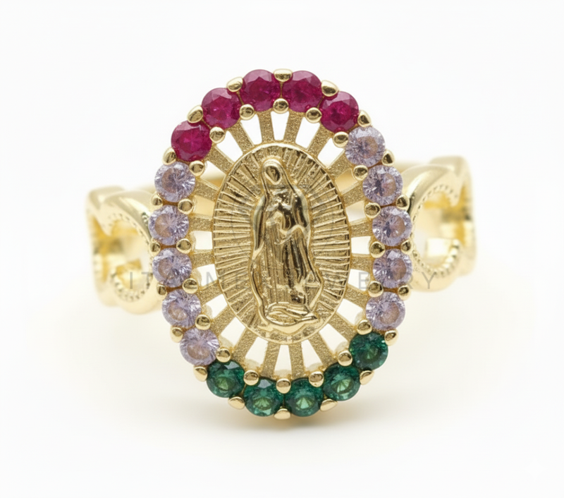 Anillo de Lujo - 106522 - Anillo Ajustable Virgen de Guadalupe CZ Colores - Oro Laminado 18K