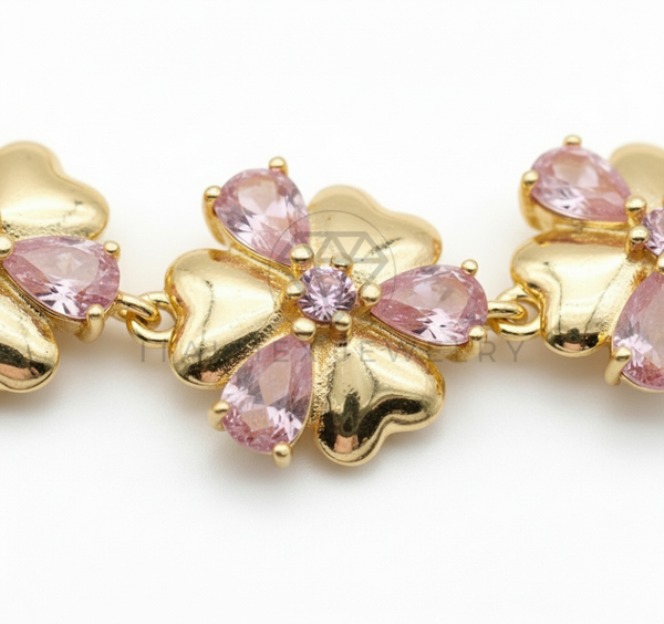 Pulsera de Lujo - 106524 - Pulsera Corazones y Flores con CZ Rosa - Oro Laminado 18K