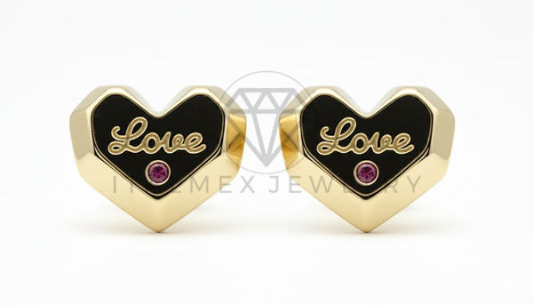 Arete de Lujo - 106530 - Broquel Corazon "Love" con CZ Rosa - Oro Laminado 18K