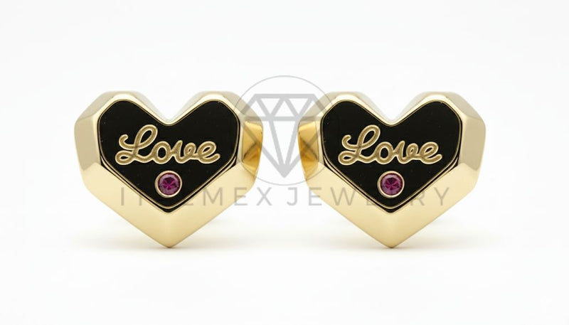 Arete de Lujo - 106530 - Broquel Corazon "Love" con CZ Rosa - Oro Laminado 18K