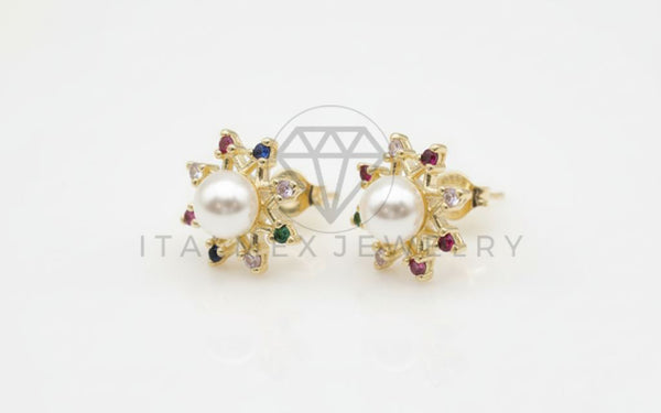 Arete de Lujo - 106534 - Broquel Perla con CZ Colores - Oro Laminado 18K