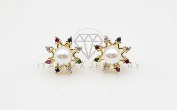 Arete de Lujo - 106534 - Broquel Perla con CZ Colores - Oro Laminado 18K