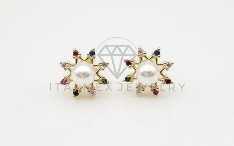 Arete de Lujo - 106534 - Broquel Perla con CZ Colores - Oro Laminado 18K