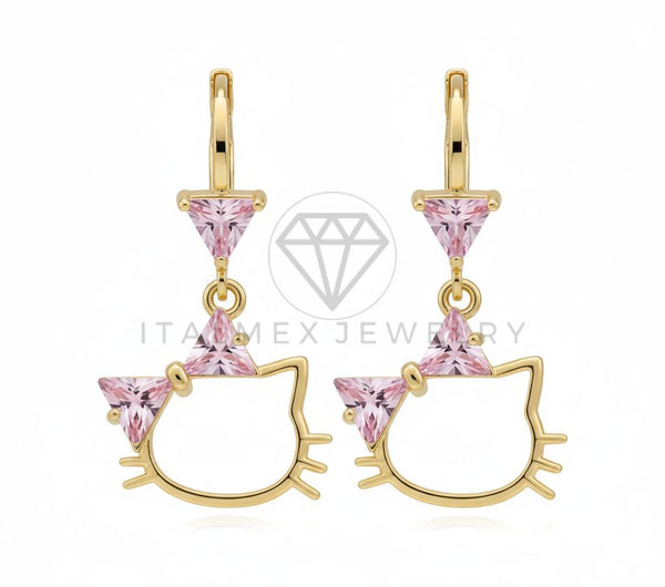 Arete de Lujo - 106535 - Huggie Inspirado Hello Kitty CZ Rosa - Oro Laminado 18K