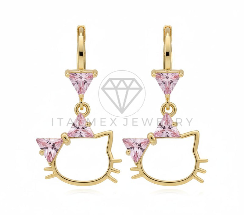 Arete de Lujo - 106535 - Huggie Inspirado Hello Kitty CZ Rosa - Oro Laminado 18K