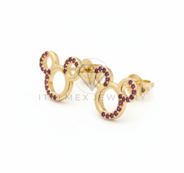 Arete de Lujo - 106539 - Broquel Estilo Mickey CZ Rosa - Oro Laminado 18K