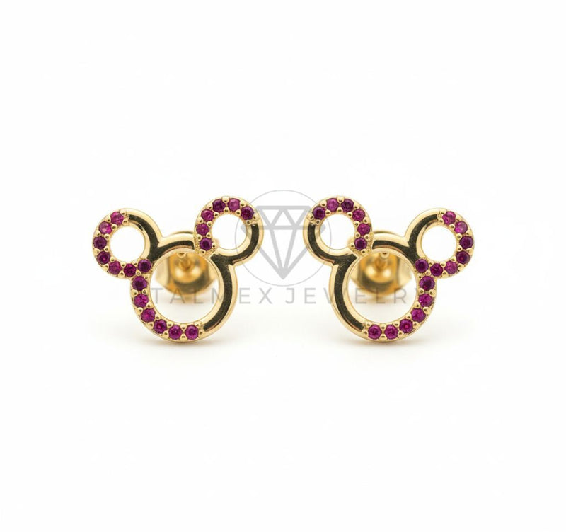 Arete de Lujo - 106539 - Broquel Estilo Mickey CZ Rosa - Oro Laminado 18K