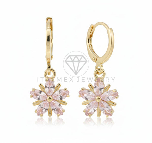 Arete de Lujo - 106540 - Huggie Flor CZ Rosa - Oro Laminado 18K