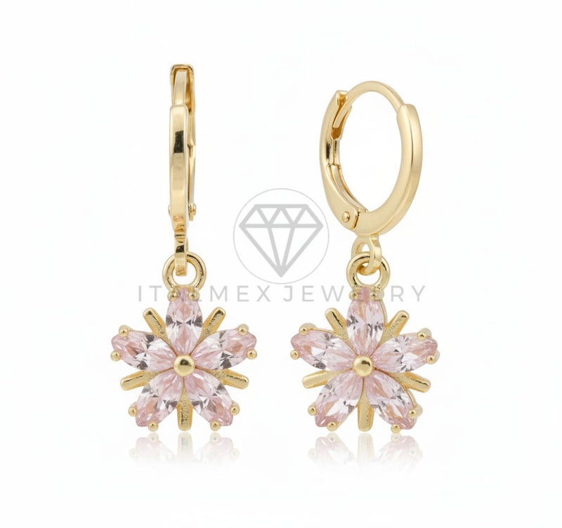 Arete de Lujo - 106540 - Huggie Flor CZ Rosa - Oro Laminado 18K