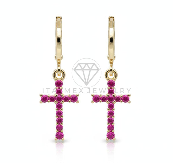 Arete de Lujo - 106541 - Huggie Cruz CZ Rosa - Oro Laminado 18K