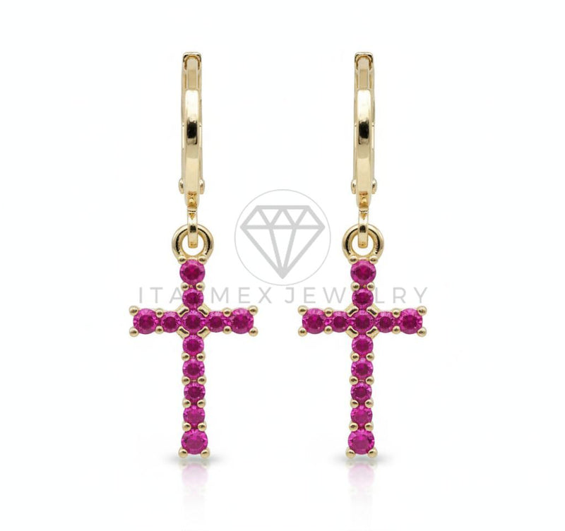 Arete de Lujo - 106541 - Huggie Cruz CZ Rosa - Oro Laminado 18K