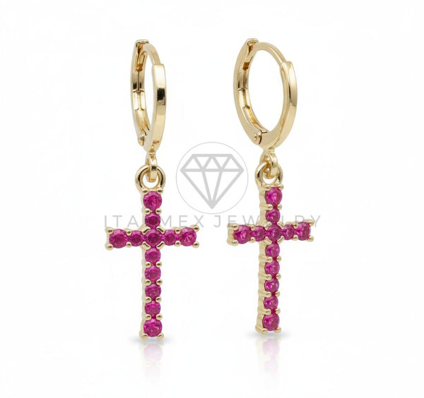 Arete de Lujo - 106541 - Huggie Cruz CZ Rosa - Oro Laminado 18K