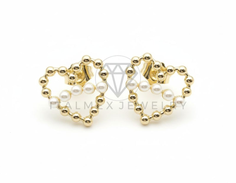 Arete de Lujo - 106543 - Broquel Corazon con Perlas - Oro Laminado 18K
