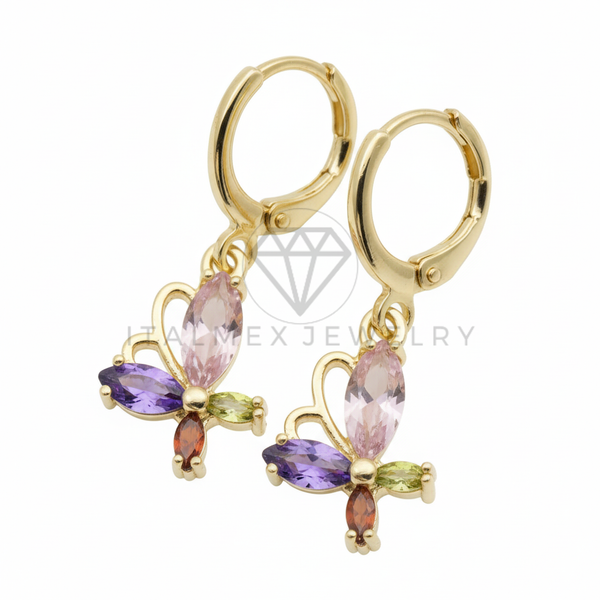 Arete de Lujo - 106544 - Huggie Mariposa CZ Colores - Oro Laminado 18K