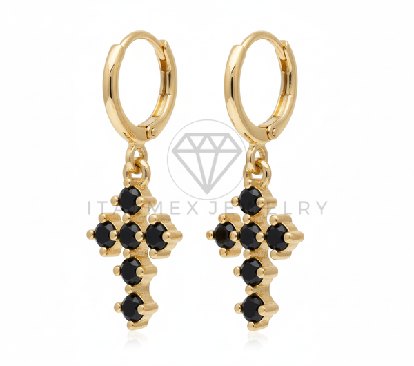 Arete de Lujo - 106545 - Huggie Cruz CZ Negra - Oro Laminado 18K