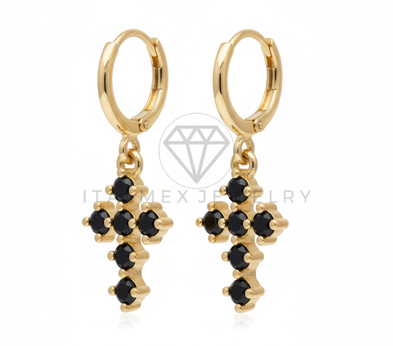 Arete de Lujo - 106545 - Huggie Cruz CZ Negra - Oro Laminado 18K