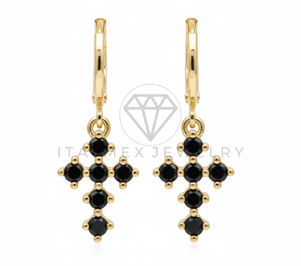 Arete de Lujo - 106545 - Huggie Cruz CZ Negra - Oro Laminado 18K