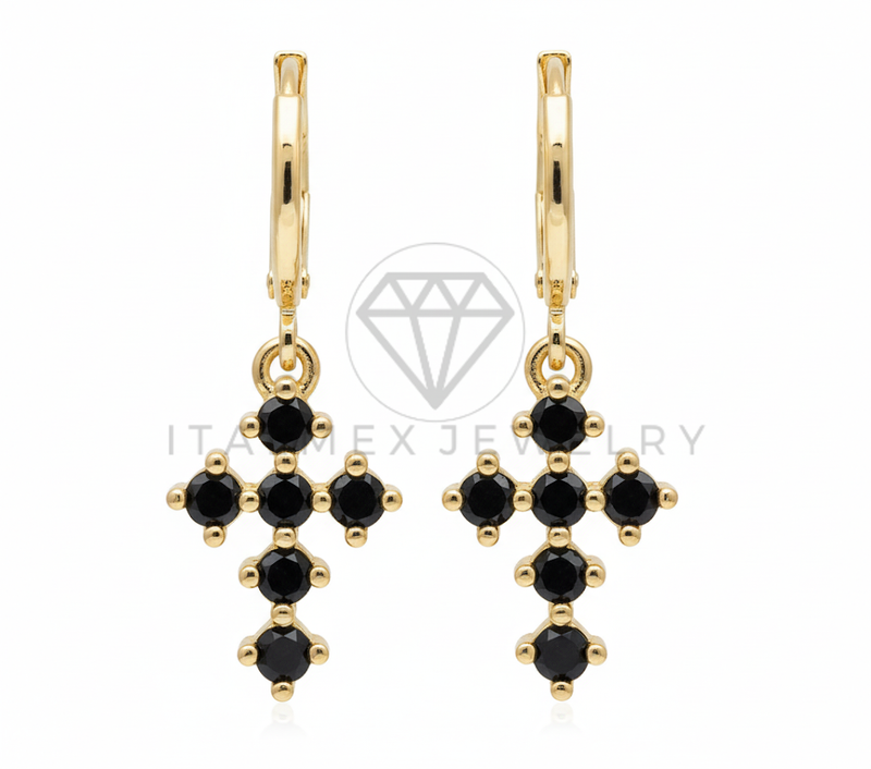 Arete de Lujo - 106545 - Huggie Cruz CZ Negra - Oro Laminado 18K