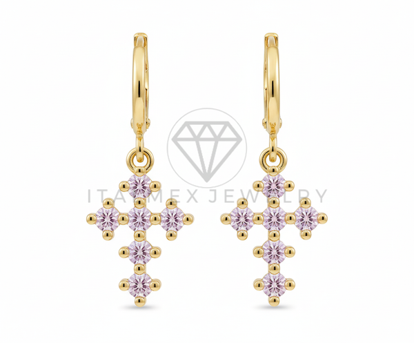 Arete de Lujo - 106547 - Huggie Cruz CZ Rosa - Oro Laminado 18K