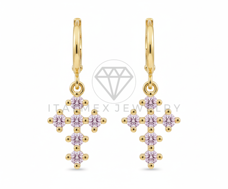 Arete de Lujo - 106547 - Huggie Cruz CZ Rosa - Oro Laminado 18K