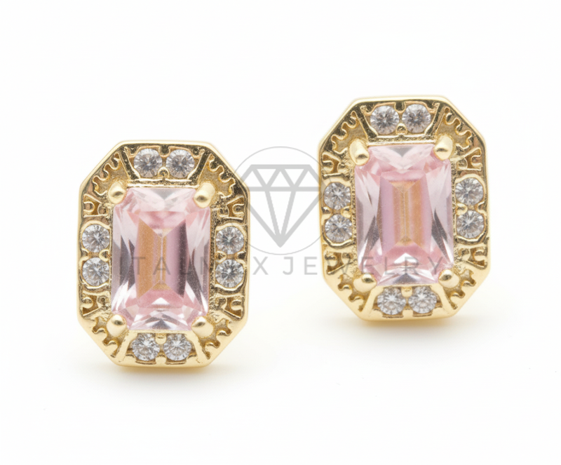 Arete de Lujo - 106548 - Broquel CZ Clara y Rosa - Oro Laminado 18K