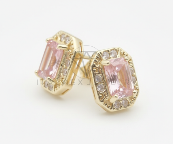 Arete de Lujo - 106548 - Broquel CZ Clara y Rosa - Oro Laminado 18K