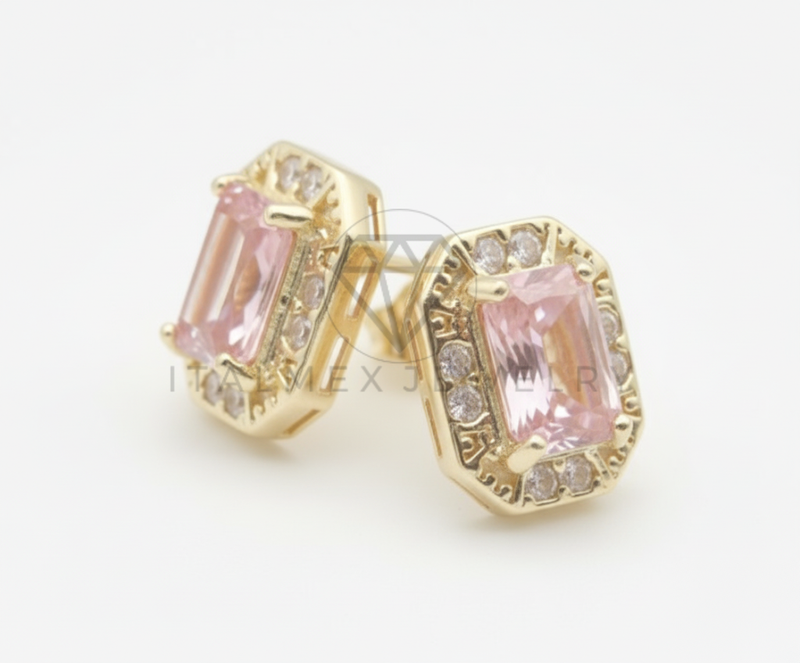 Arete de Lujo - 106548 - Broquel CZ Clara y Rosa - Oro Laminado 18K