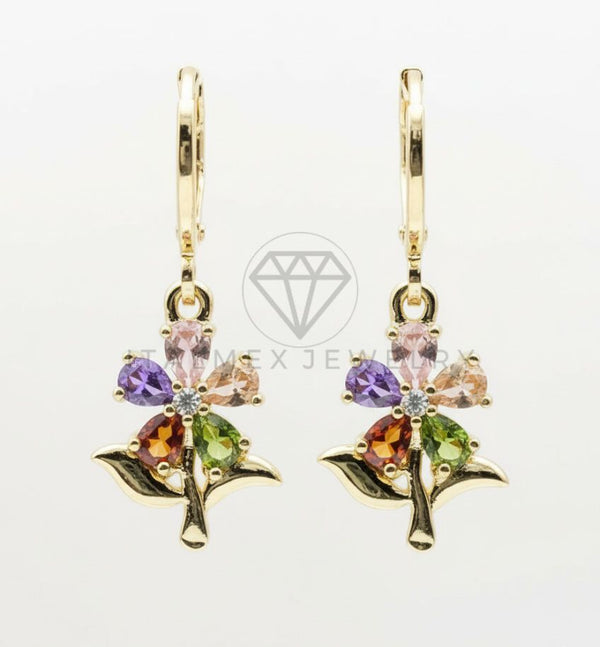 Arete de Lujo - 106550- Huggie Flor CZ Colores - Oro Laminado 18K