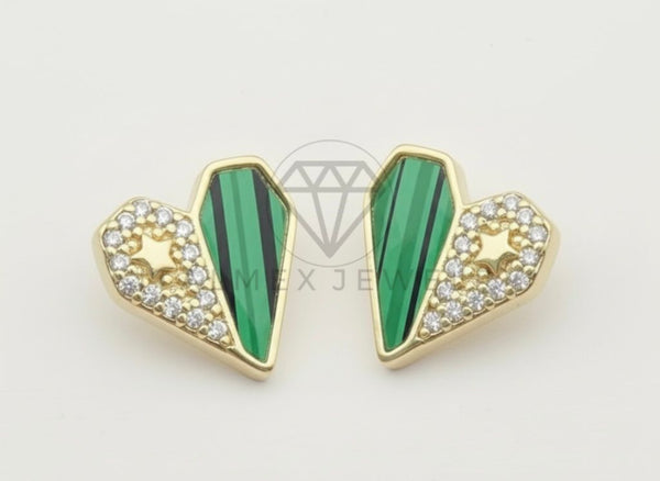 Arete de Lujo - 106551- Broquel Inspirado Estilo Europeo "Corazones Felices" Mitad Verde y CZ Clara con Estrella - Oro Laminado 18K