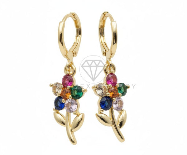 Arete de Lujo - 106555 - Huggie Flor CZ Colores - Oro Laminado 18K
