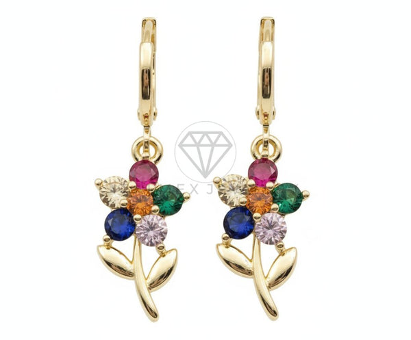 Arete de Lujo - 106555 - Huggie Flor CZ Colores - Oro Laminado 18K