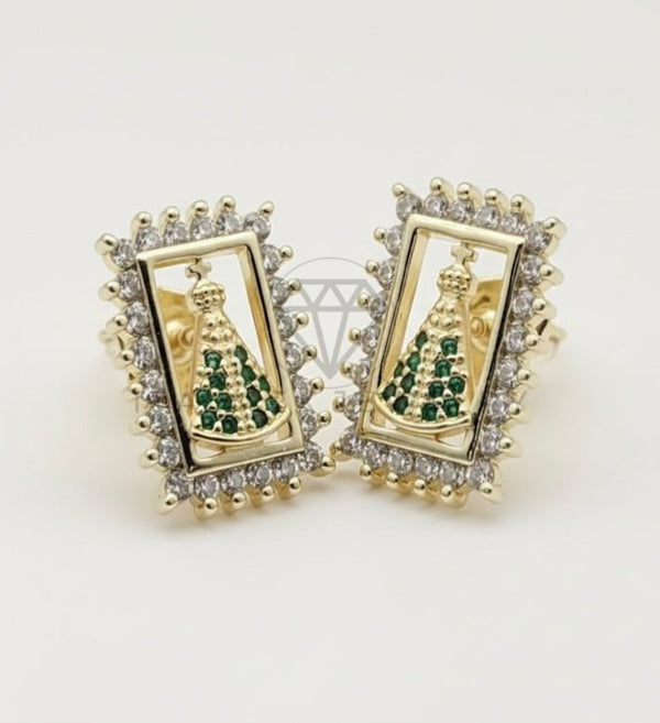 Arete de Lujo - 106558 - Broquel Virgen CZ Clara y Verde - Oro Laminado 18K