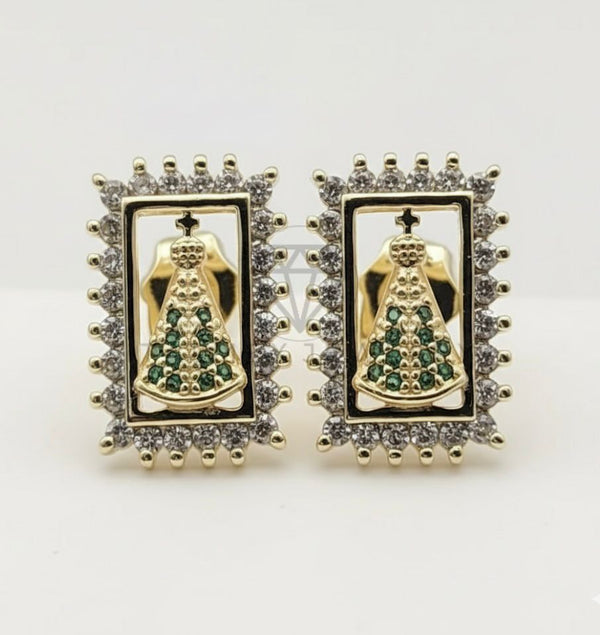 Arete de Lujo - 106558 - Broquel Virgen CZ Clara y Verde - Oro Laminado 18K