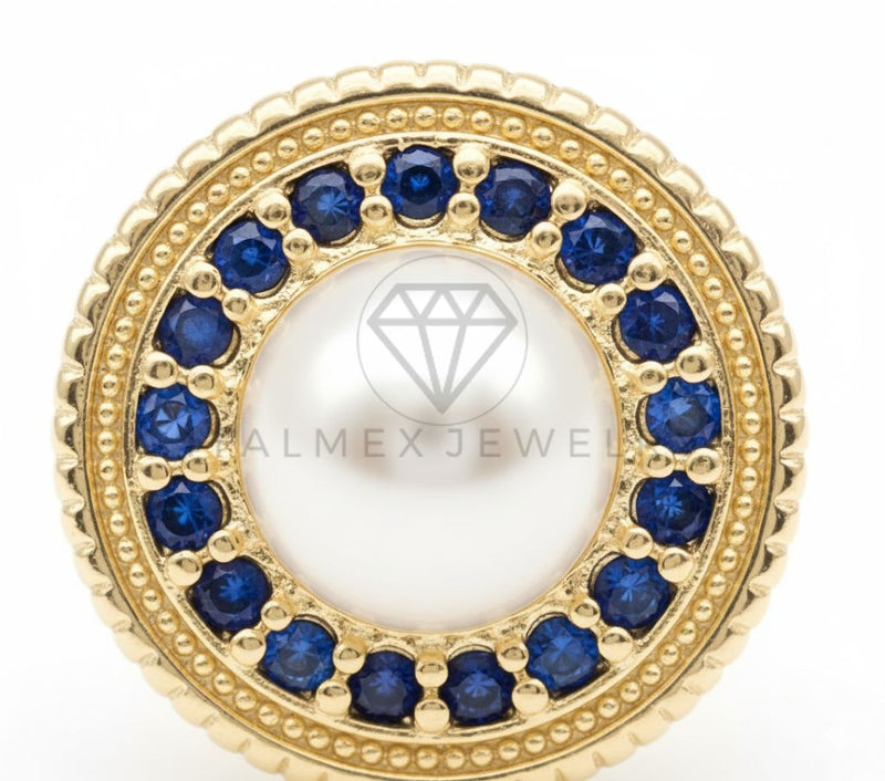 Arete de Lujo - 106559 - Broquel Perla con CZ Azul - Oro Laminado 18K