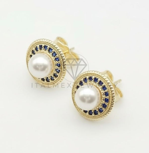 Arete de Lujo - 106559 - Broquel Perla con CZ Azul - Oro Laminado 18K