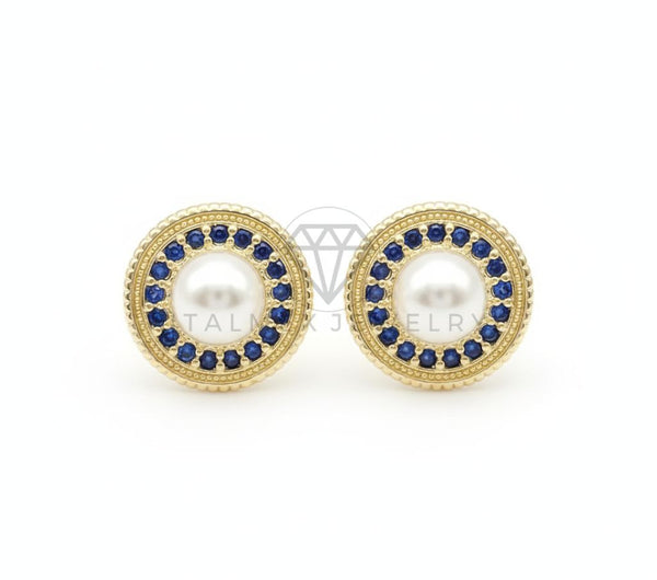 Arete de Lujo - 106559 - Broquel Perla con CZ Azul - Oro Laminado 18K