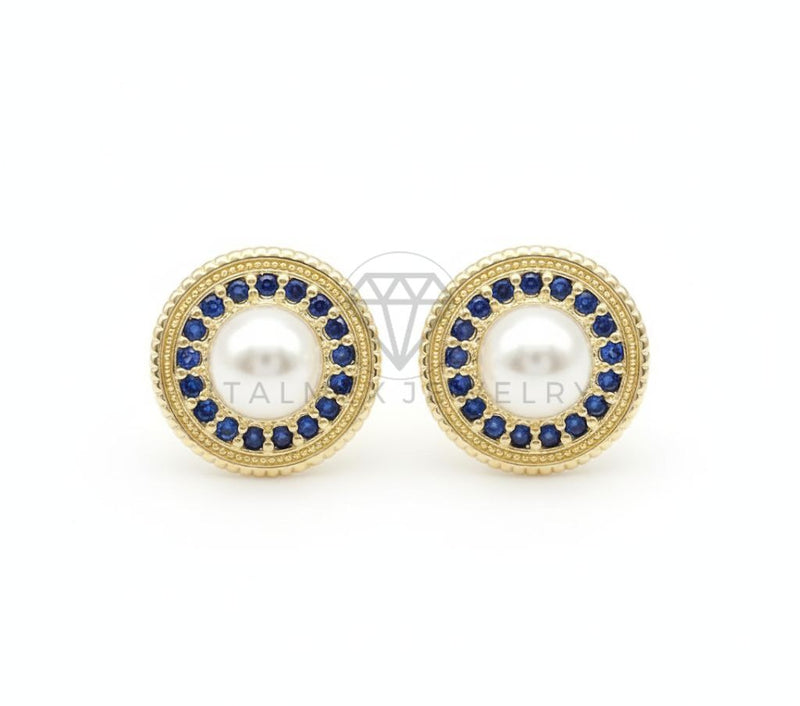 Arete de Lujo - 106559 - Broquel Perla con CZ Azul - Oro Laminado 18K