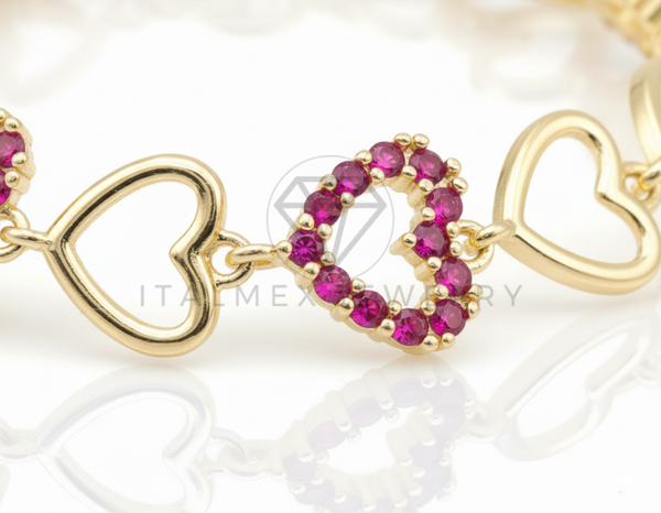 Pulsera de Lujo - 106571 - Pulsera Corazones CZ Rosa - Oro Laminado 18K