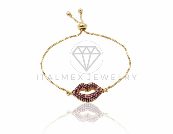 Pulsera de Lujo - 106616 - Pulsera Ajustable Labios CZ Rosa - Oro Laminado 18K