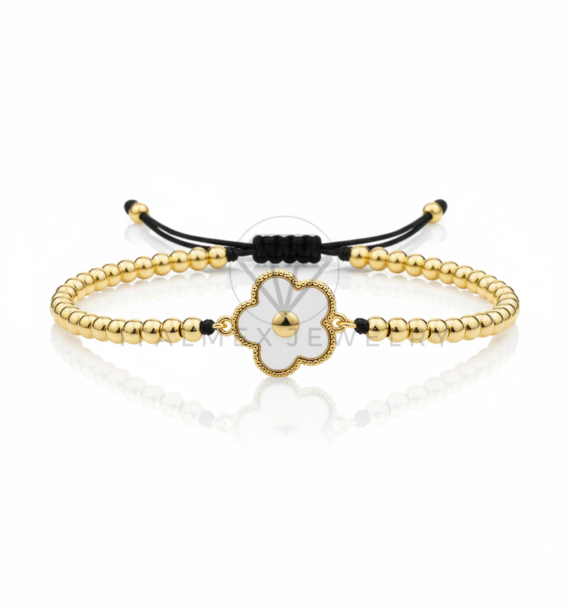Pulsera de Lujo - 106634 - Pulsera Ajustable Flor Blanca - Oro Laminado 18K