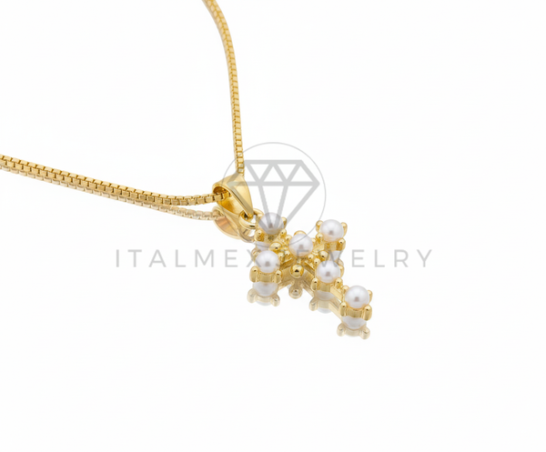 Collar Elegante - 106645 - Collar Cruz con Perlitas - Oro Laminado 18K