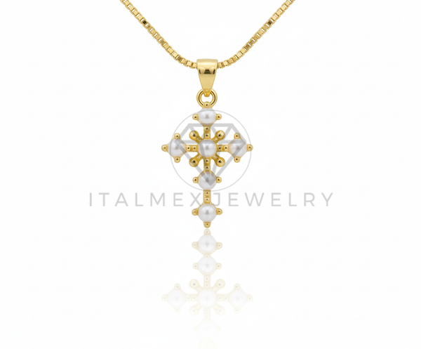 Collar Elegante - 106645 - Collar Cruz con Perlitas - Oro Laminado 18K