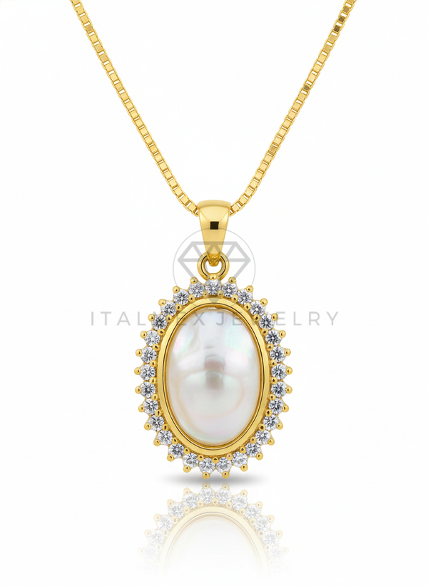 Collar Elegante - 106648 - Collar Ovalado Blanco CZ Clara - Oro Laminado 18K