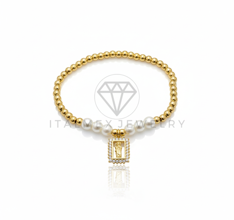 Pulsera de Lujo - 106652 - Pulsera San Judas con Perlitas CZ Clara - Oro Laminado 18K