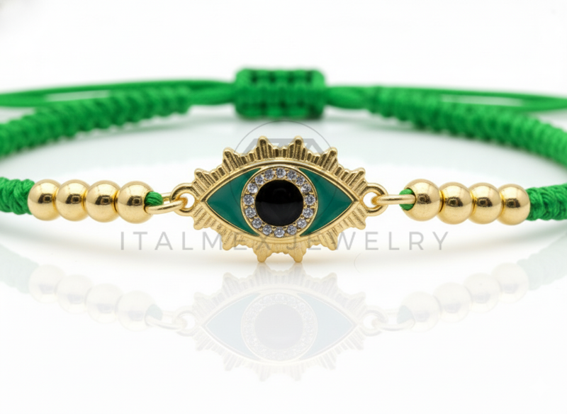 Pulsera de Lujo - 106653 - Pulsera Ajustable Verde Ojo Turco CZ Clara - Oro Laminado 18K