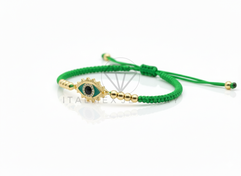 Pulsera de Lujo - 106653 - Pulsera Ajustable Verde Ojo Turco CZ Clara - Oro Laminado 18K