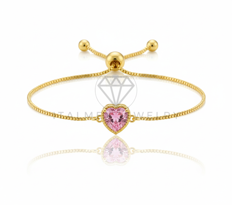 Pulsera de Lujo - 106654 - Pulsera Ajustable Corazon CZ Rosa - Oro Laminado 18K