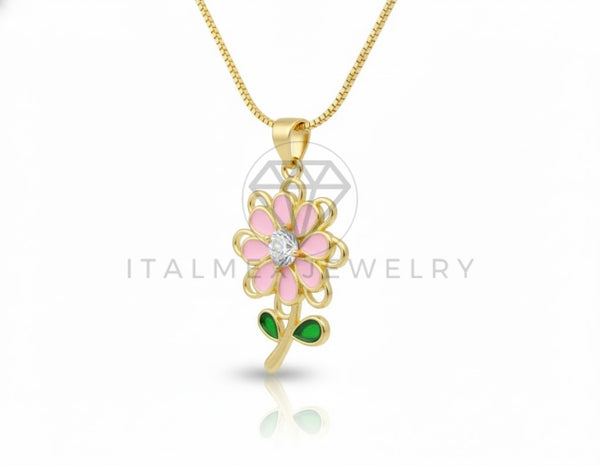 Collar Elegante - 106746 - Collar Flor Rosa CZ Clara - Oro Laminado 18K