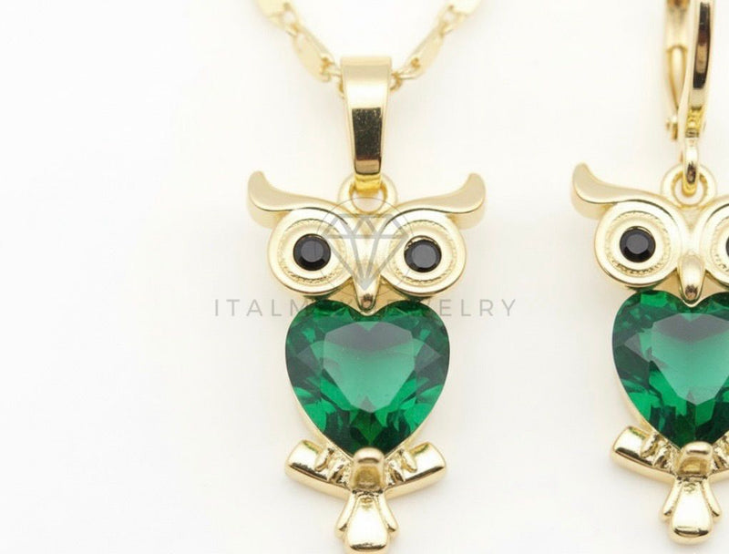 Juego de Lujo - 106660 - Juego Buho con CZ Verde y Negra - Oro Laminado 18K